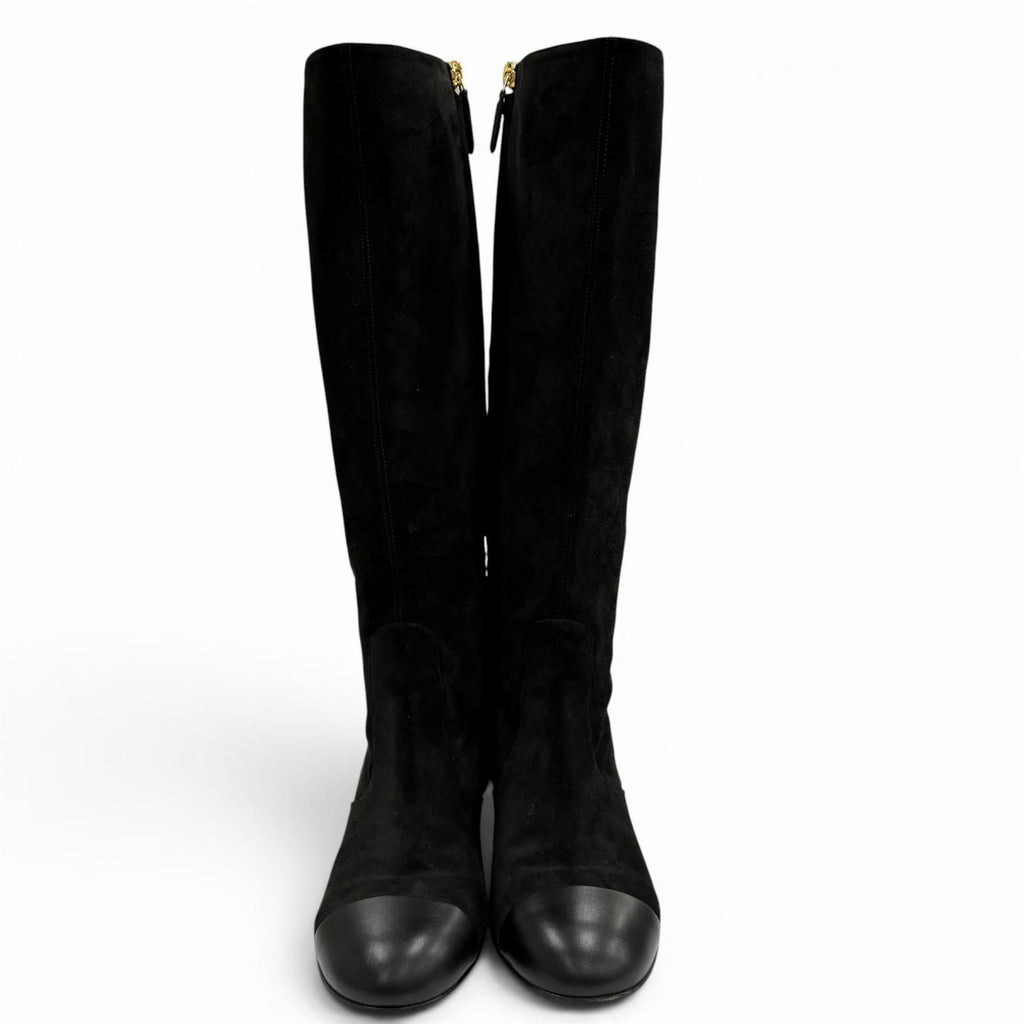 Chanel Chunky Heels Suede Leather Long Boots Black 37 with CC Logo — view 3