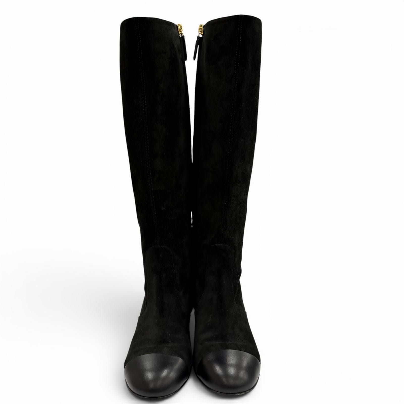 Chanel Chunky Heels Suede Leather Long Boots Black 37 with CC Logo — view 3