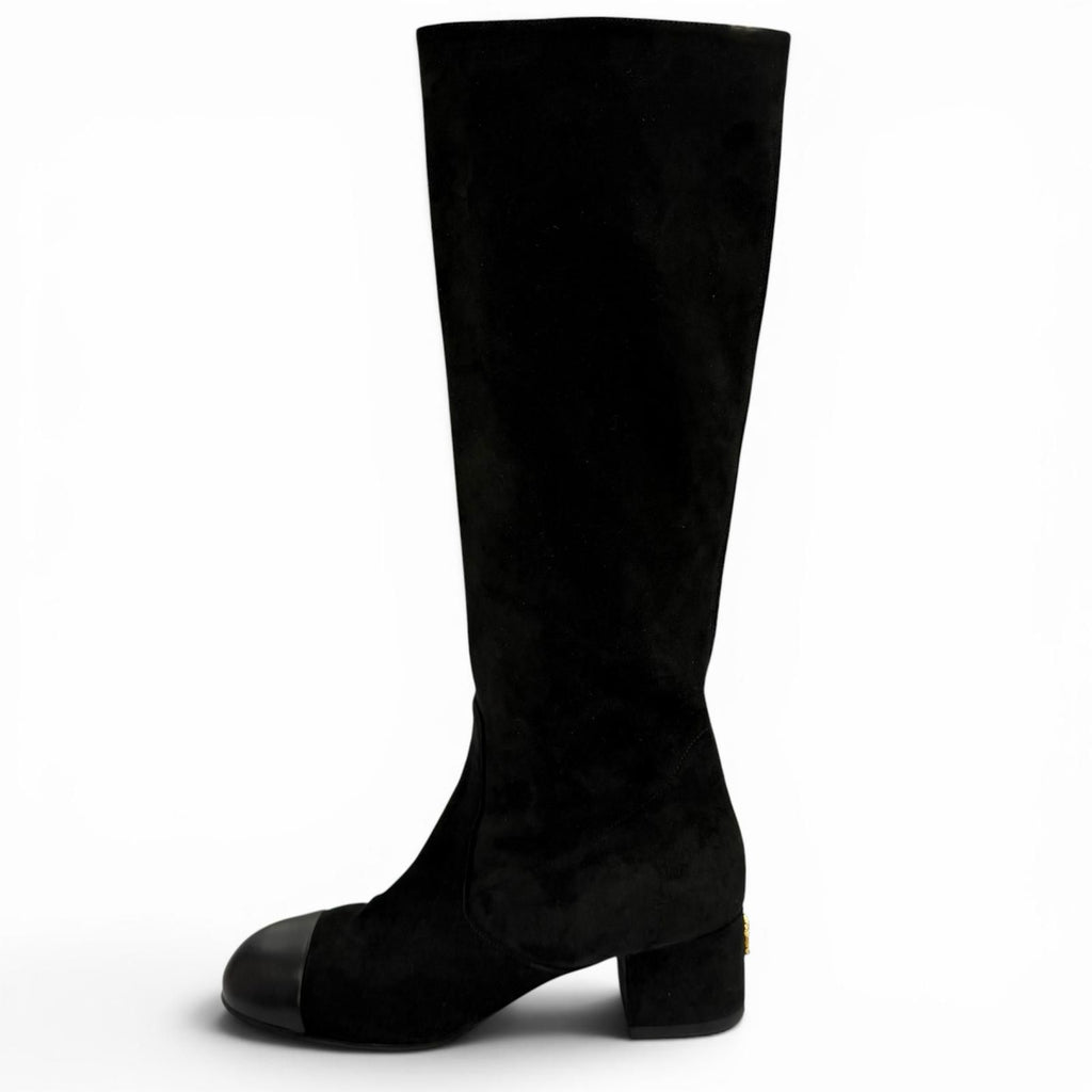 Chanel Chunky Heels Suede Leather Long Boots Black 37 with CC Logo — view 5