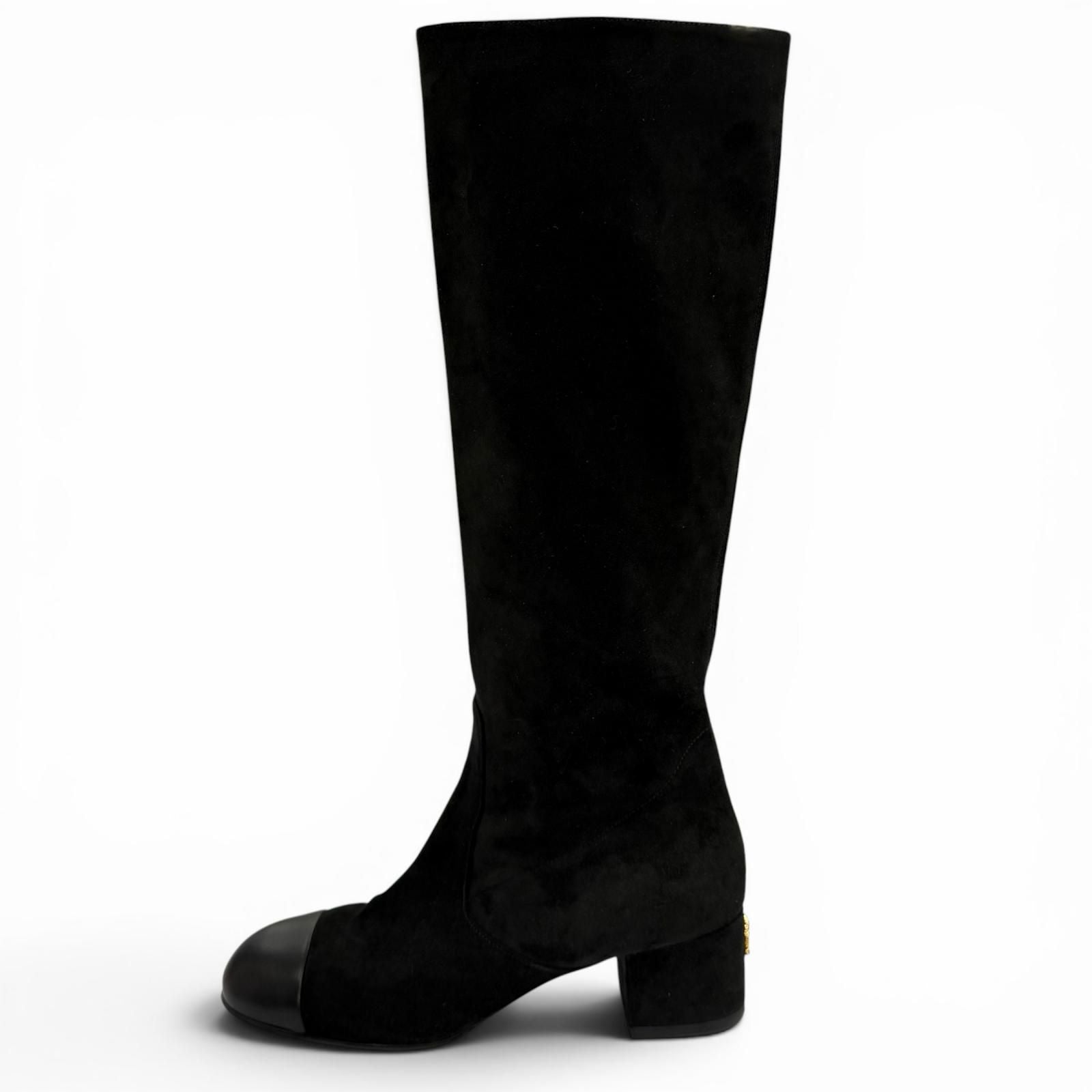 Chanel Chunky Heels Suede Leather Long Boots Black 37 with CC Logo — view 5