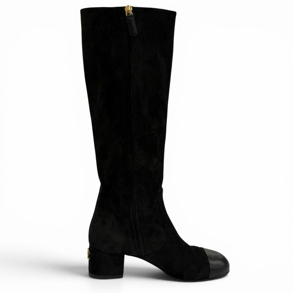 Chanel Chunky Heels Suede Leather Long Boots Black 37 with CC Logo — view 4