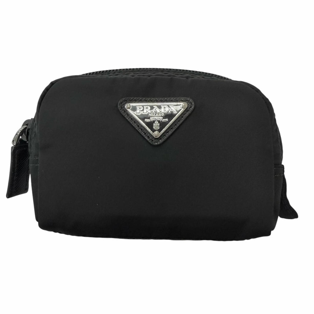 Prada Micro Re-Nylon Triangle Logo Plate Silver Pouch Coin Purse Black
