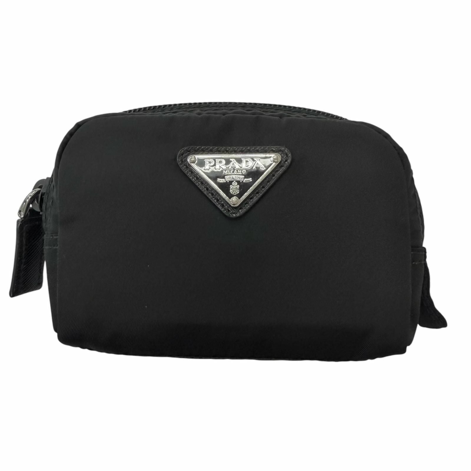 Prada Micro Re-Nylon Triangle Logo Plate Silver Pouch Coin Purse Black