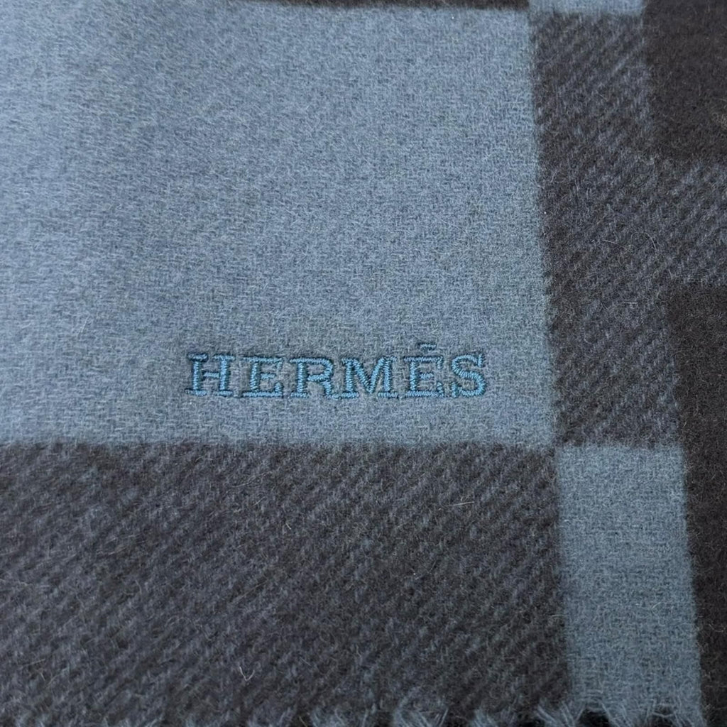 Hermes Cashmere Passant Logo Embroidery Shawl Fringe Scarf Navy Blue — view 4
