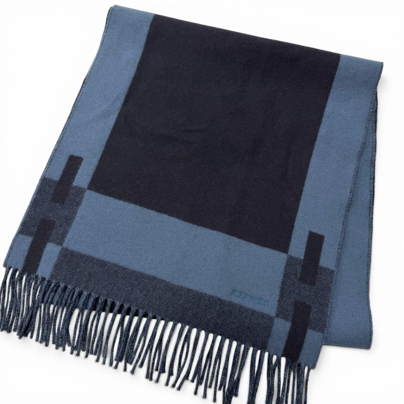 Hermes Cashmere Passant Logo Embroidery Shawl Fringe Scarf Navy Blue
