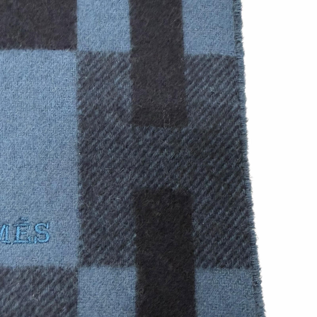 Hermes Cashmere Passant Logo Embroidery Shawl Fringe Scarf Navy Blue — view 6