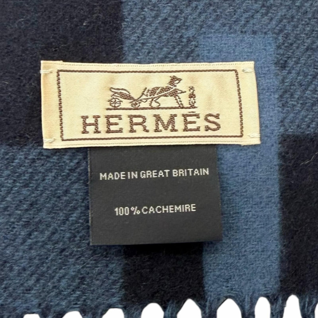 Hermes Cashmere Passant Logo Embroidery Shawl Fringe Scarf Navy Blue — view 8