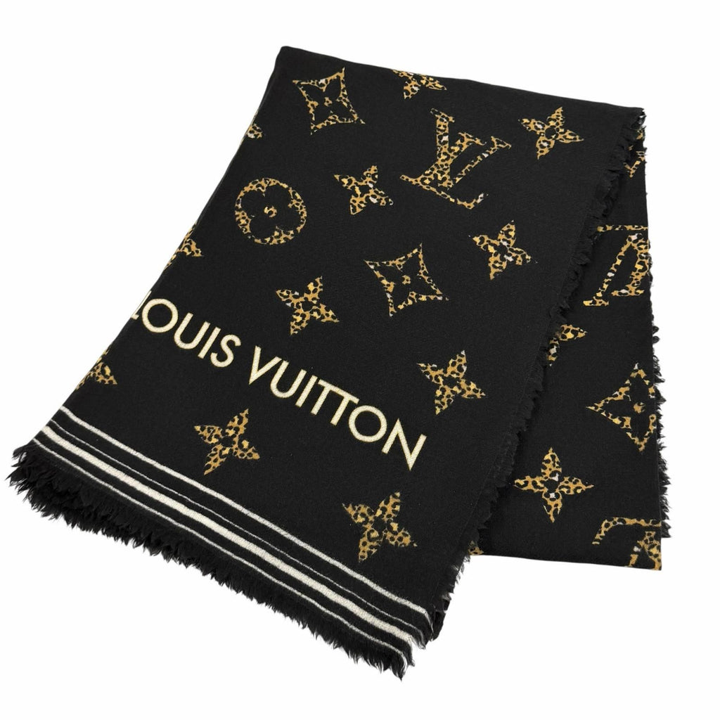 Louis Vuitton Wool with Logo Monogram Leopard with Fringe Shawl Black Scarf