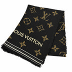 Louis Vuitton Wool with Logo Monogram Leopard with Fringe Shawl Black Scarf