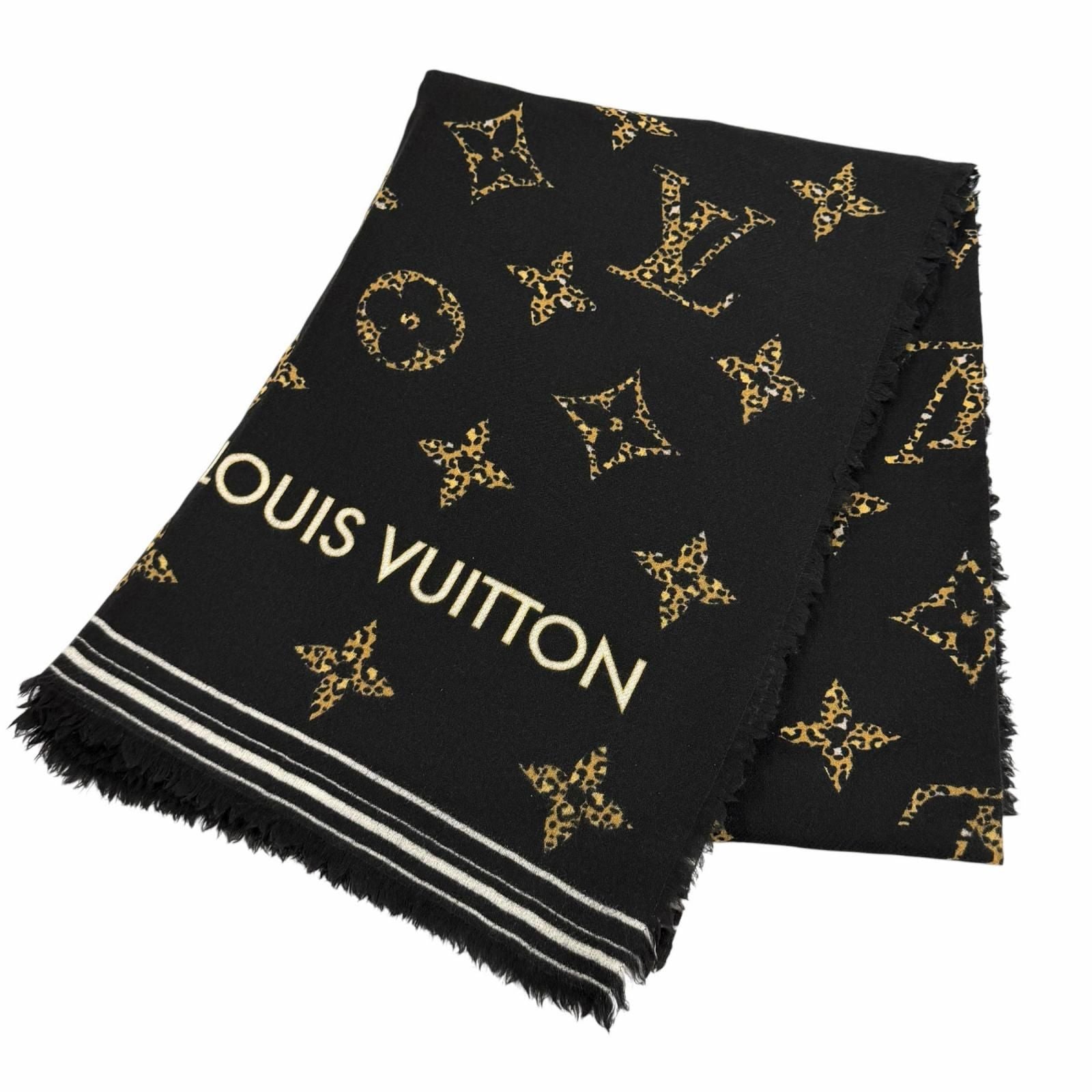 Louis Vuitton Wool with Logo Monogram Leopard with Fringe Shawl Black Scarf