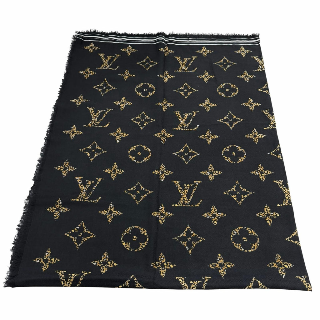 Louis Vuitton Wool with Logo Monogram Leopard with Fringe Shawl Black Scarf — view 5