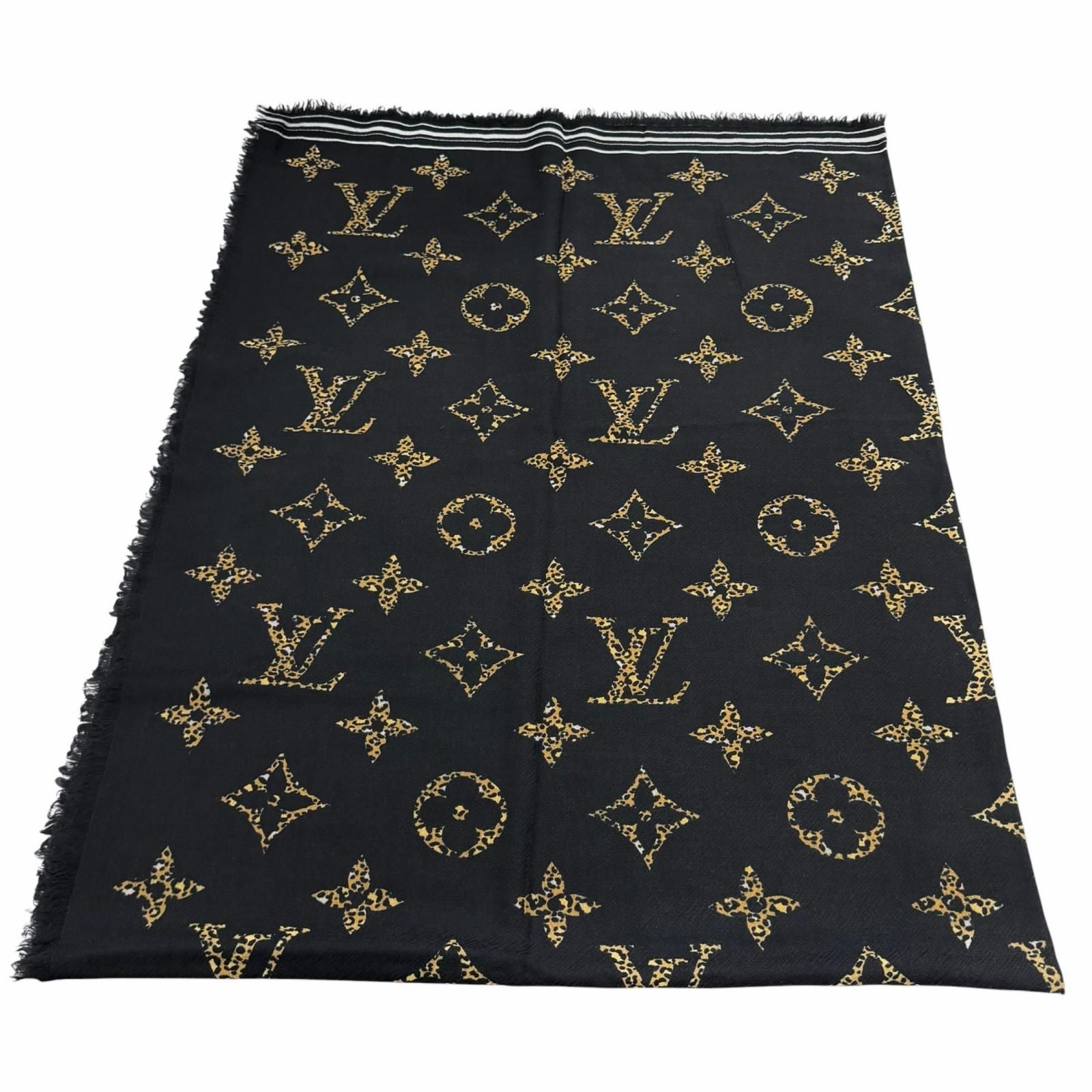 Louis Vuitton Wool with Logo Monogram Leopard with Fringe Shawl Black Scarf — view 5