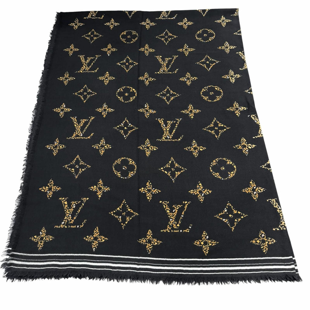 Louis Vuitton Wool with Logo Monogram Leopard with Fringe Shawl Black Scarf — view 8