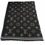 Louis Vuitton Wool with Logo Monogram Leopard with Fringe Shawl Black Scarf — view 8