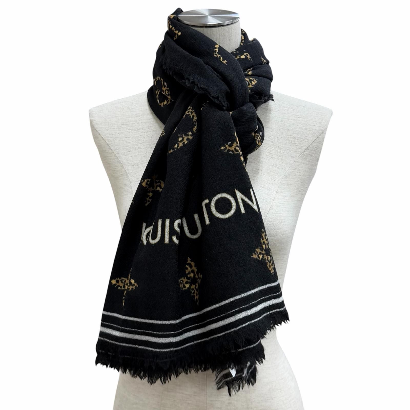 Louis Vuitton Wool with Logo Monogram Leopard with Fringe Shawl Black Scarf — view 3