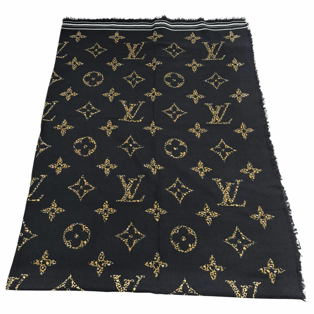 Louis Vuitton Wool with Logo Monogram Leopard with Fringe Shawl Black Scarf — view 6