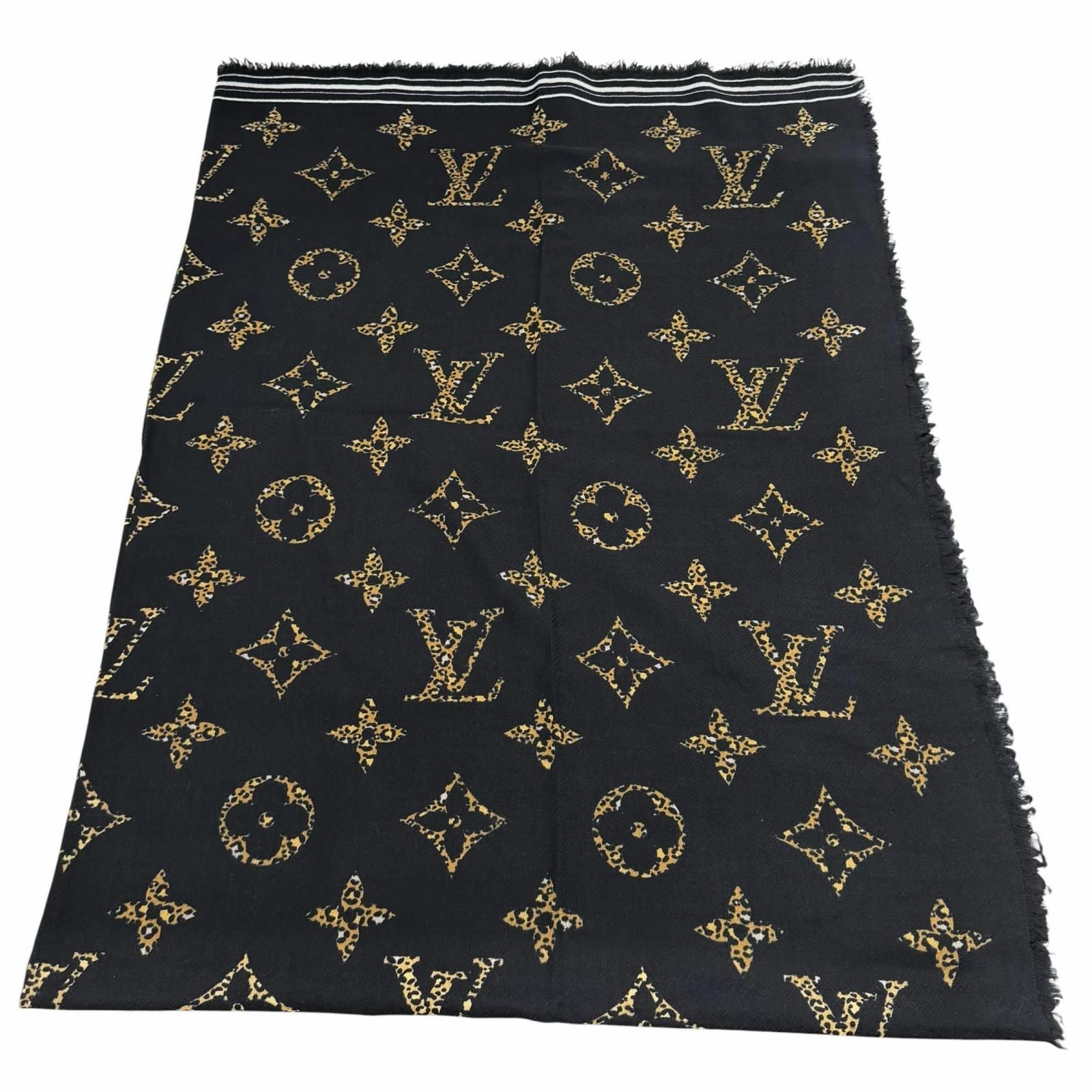 Louis Vuitton Wool with Logo Monogram Leopard with Fringe Shawl Black Scarf — view 6