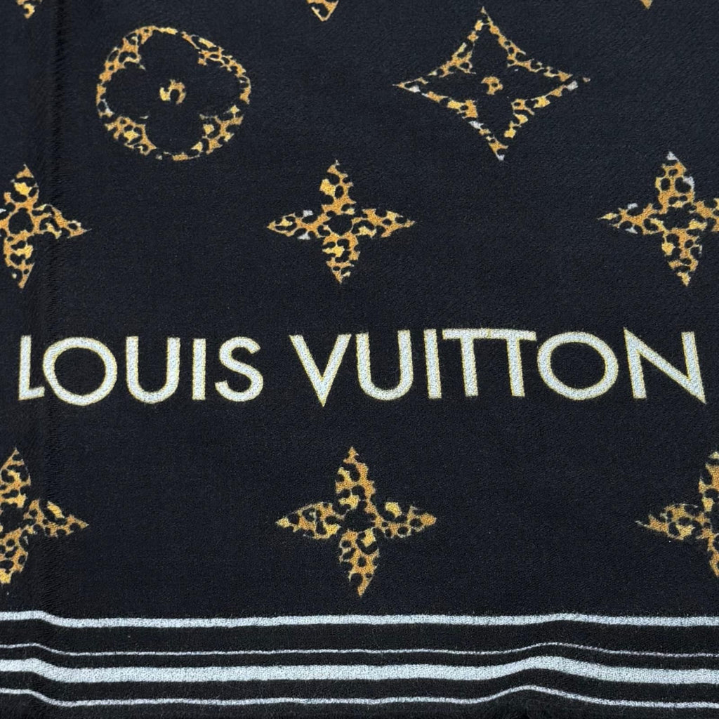 Louis Vuitton Wool with Logo Monogram Leopard with Fringe Shawl Black Scarf — view 9