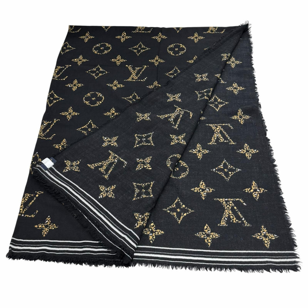 Louis Vuitton Wool with Logo Monogram Leopard with Fringe Shawl Black Scarf — view 2