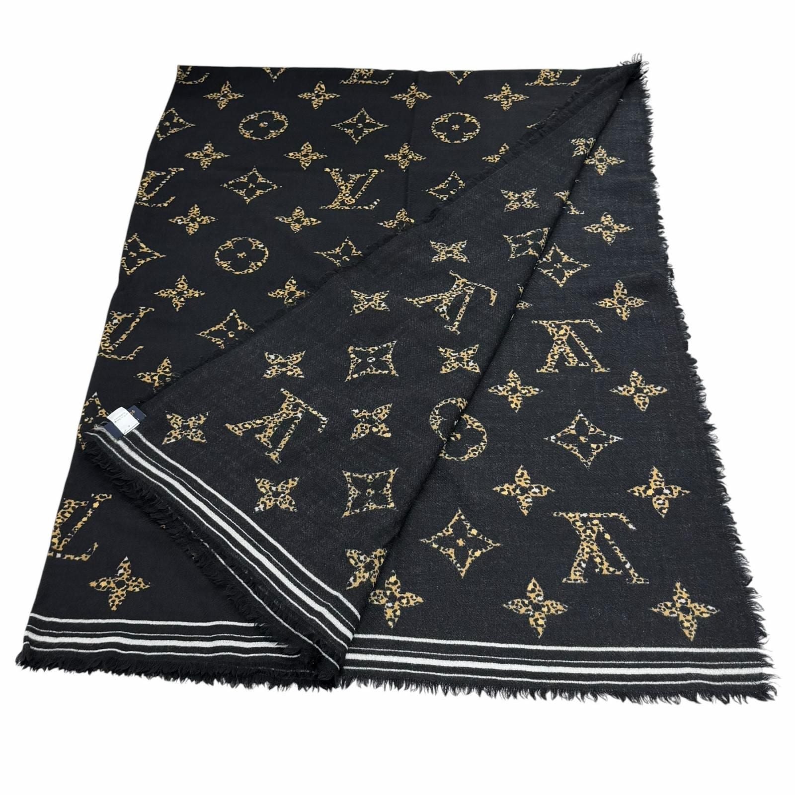 Louis Vuitton Wool with Logo Monogram Leopard with Fringe Shawl Black Scarf — view 2
