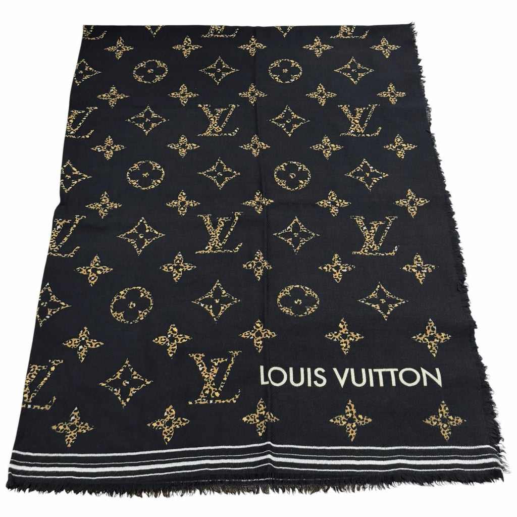Louis Vuitton Wool with Logo Monogram Leopard with Fringe Shawl Black Scarf — view 7
