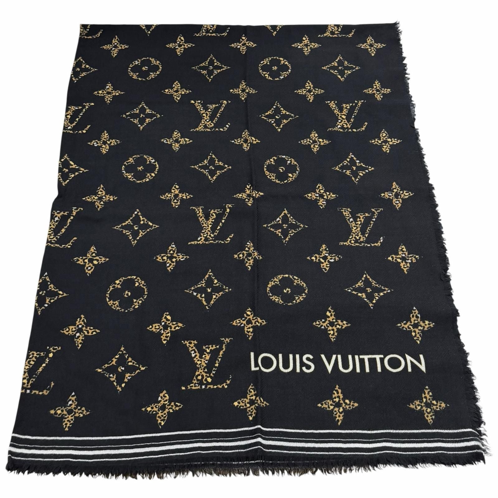 Louis Vuitton Wool with Logo Monogram Leopard with Fringe Shawl Black Scarf — view 7