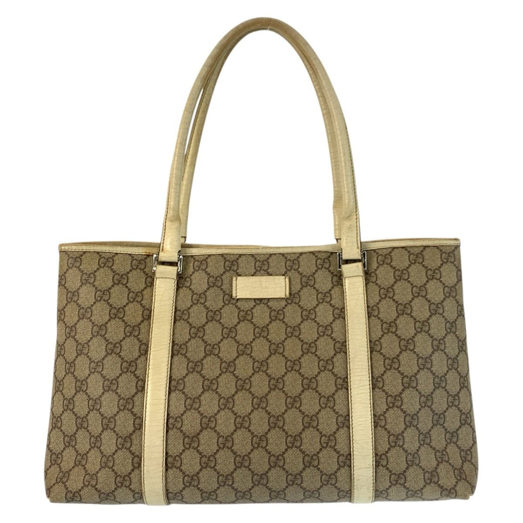 Gucci Beige Ivory Silver GG Supreme Canvas Leather Tote