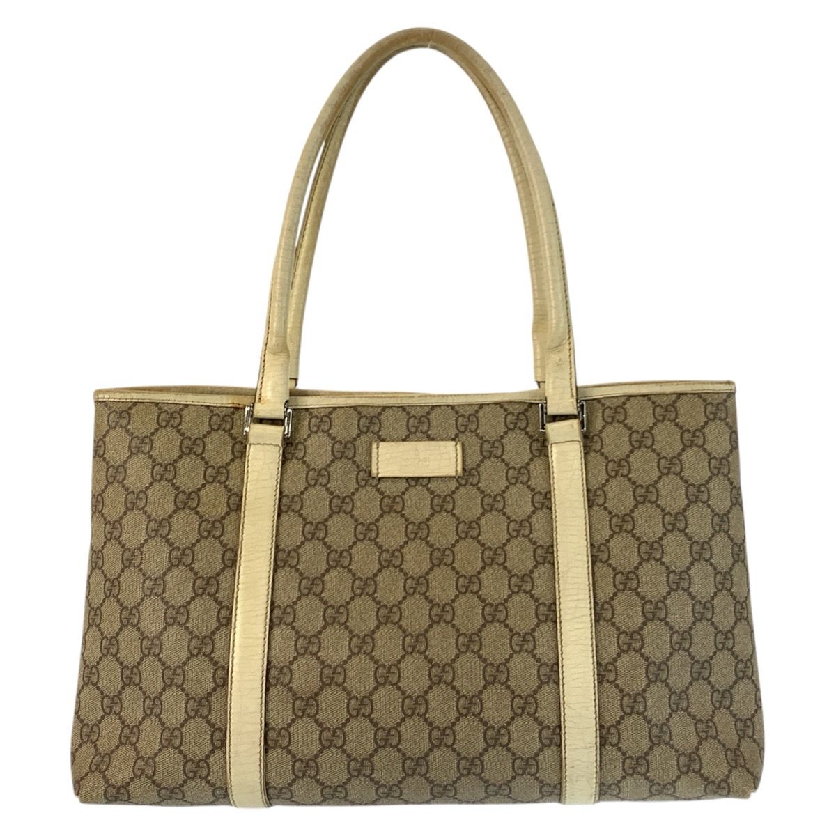 Gucci Beige Ivory Silver GG Supreme Canvas Leather Tote