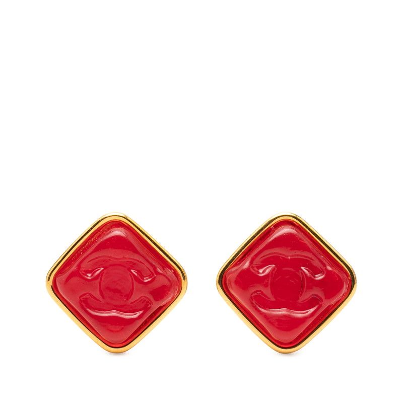 Chanel CC Logo Vintage Earrings Gold Red Plated Plastic