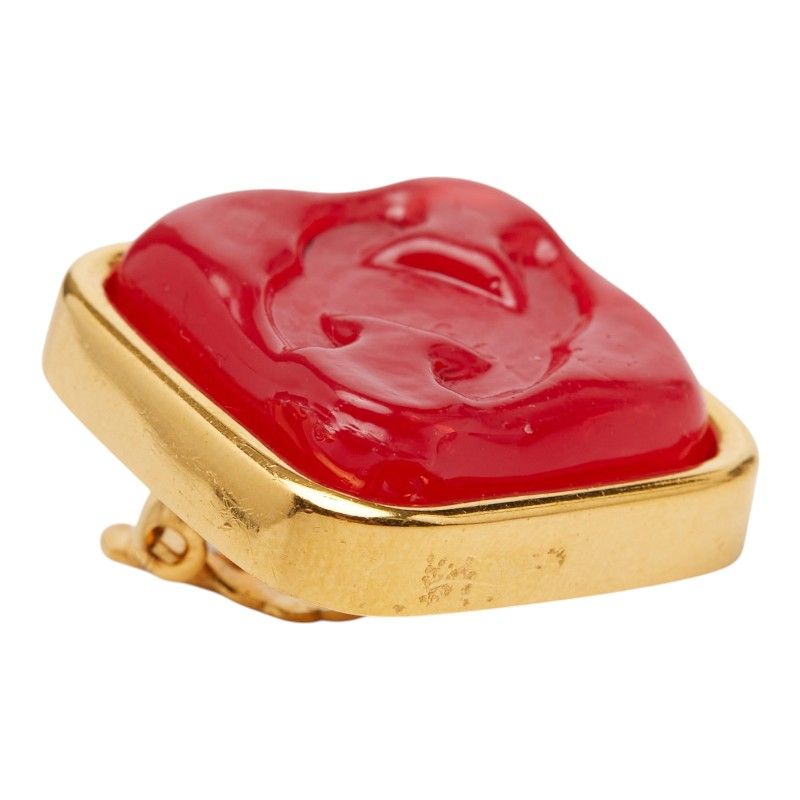 Chanel CC Logo Vintage Earrings Gold Red Plated Plastic — view 4