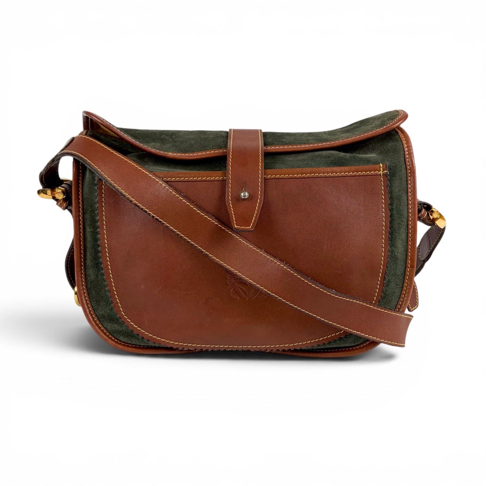 Loewe Anagram Logo Bicolor Shoulder Bag Cross Brown Green Leather