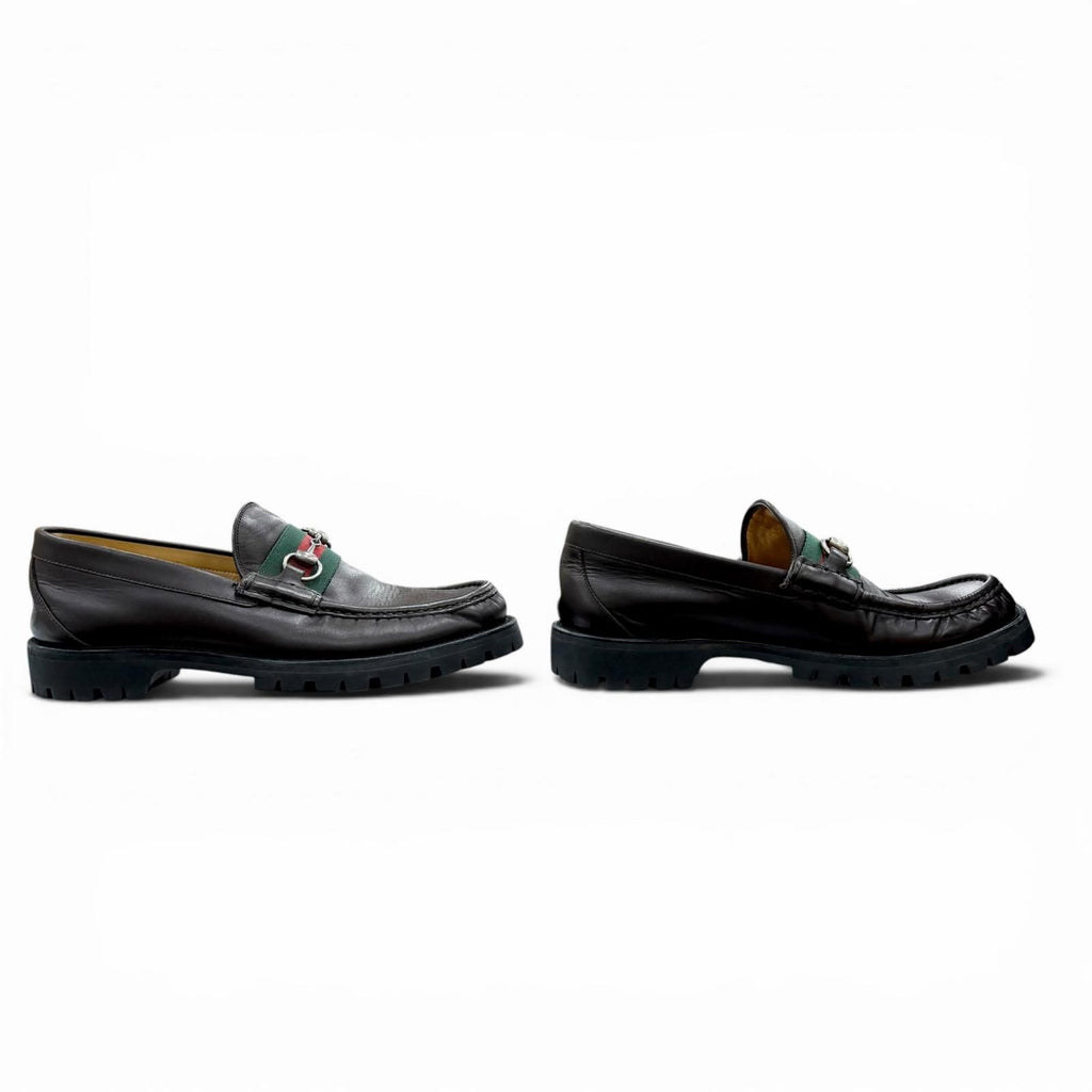 Gucci Web Line Horsebit Loafers Leather Shoes Brown Silver 9 — view 5