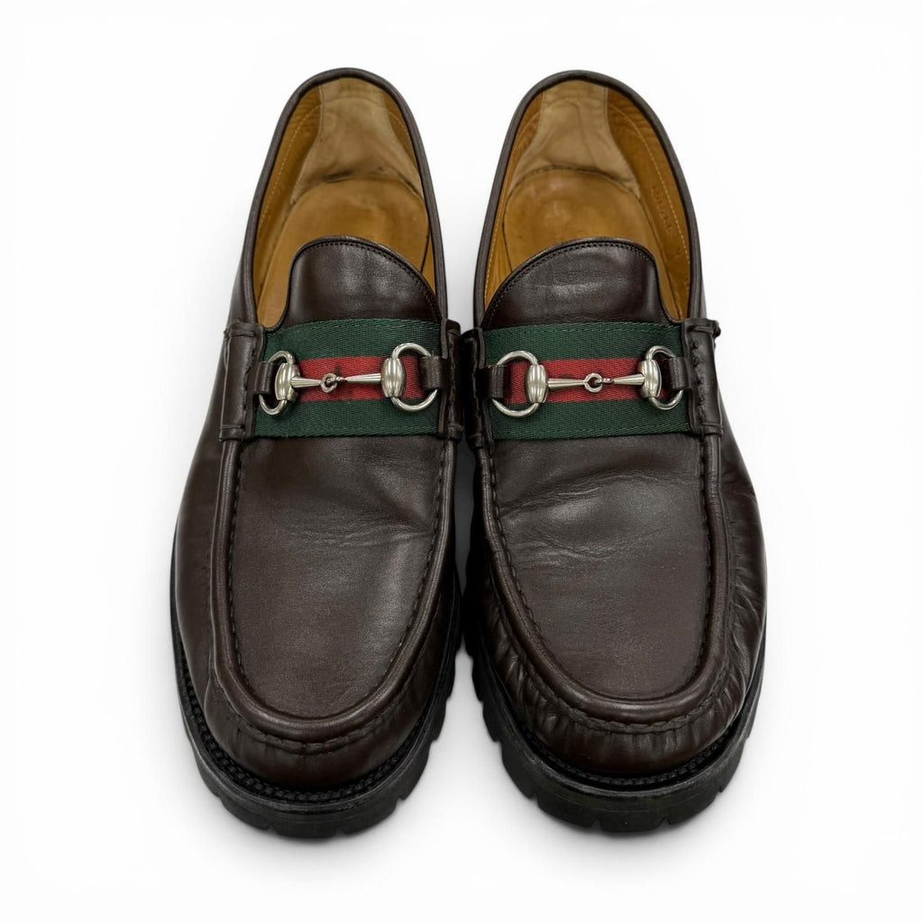 Gucci Web Line Horsebit Loafers Leather Shoes Brown Silver 9 — view 2