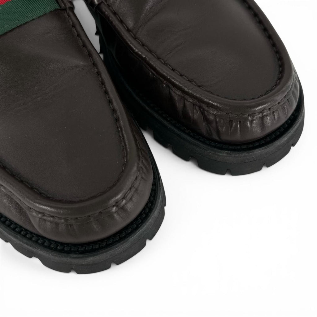 Gucci Web Line Horsebit Loafers Leather Shoes Brown Silver 9 — view 7