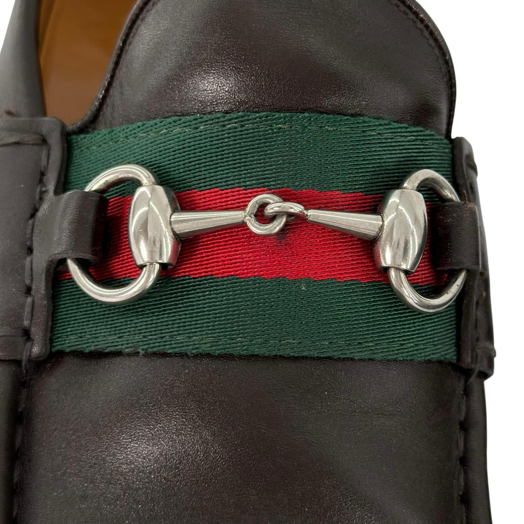 Gucci Web Line Horsebit Loafers Leather Shoes Brown Silver 9 — view 9