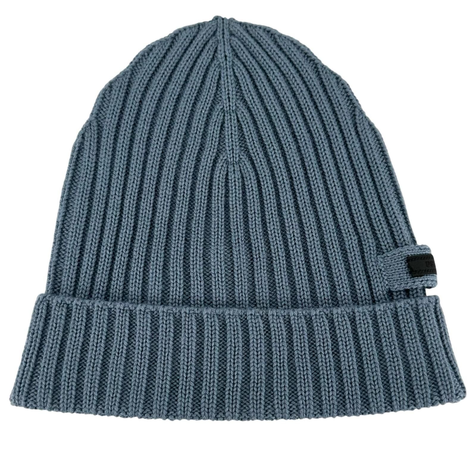 Prada Wool Logo Tag Rib Knit Cap Hat Blue — view 6