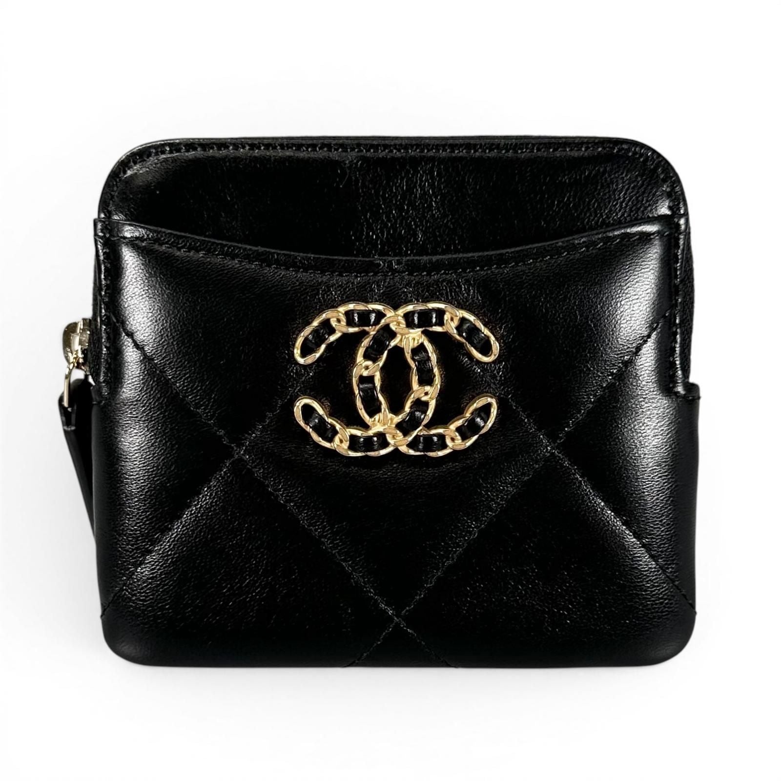 Chanel Lambskin Leather Coin Purse Mini Wallet CC Logo Case Black Gold