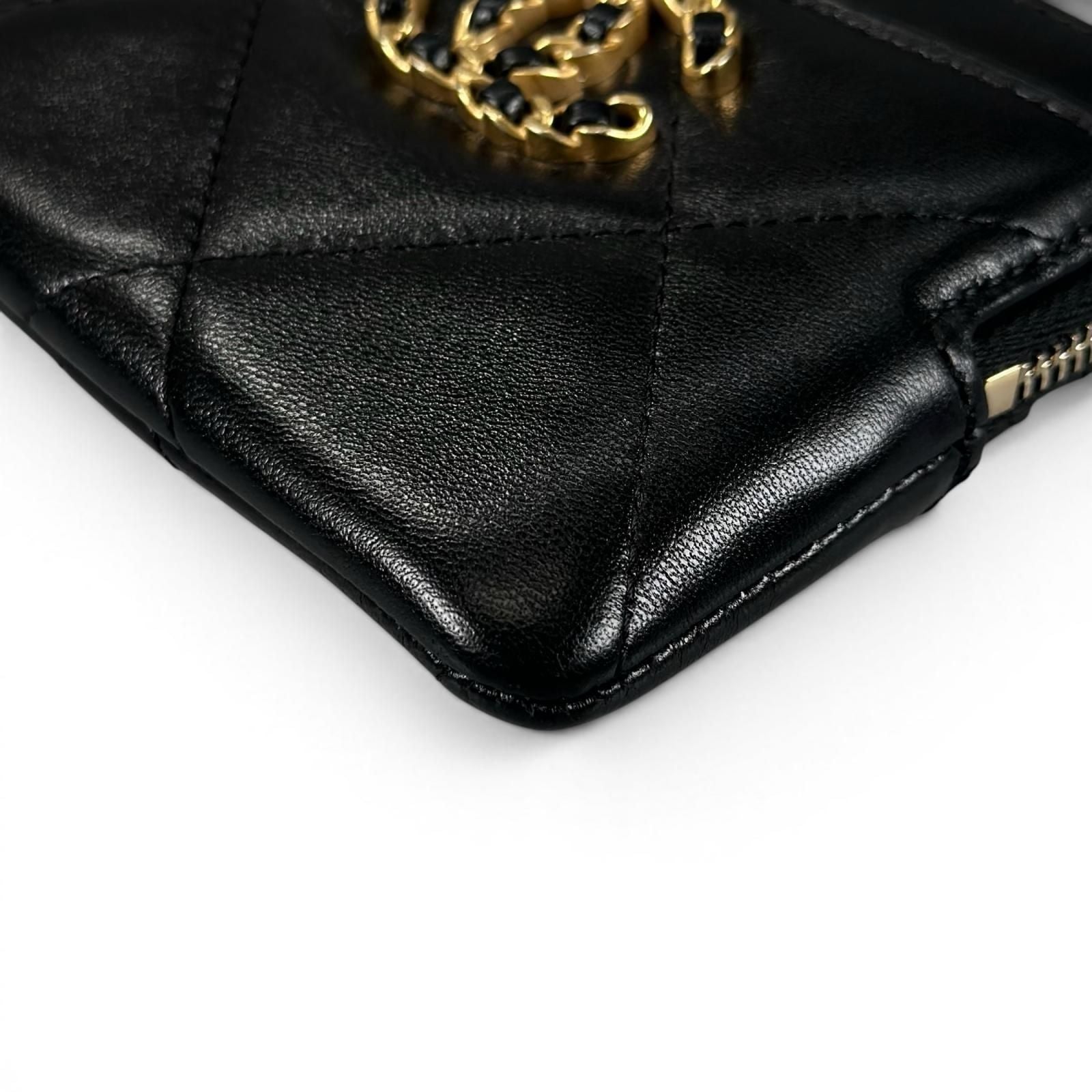 Chanel Lambskin Leather Coin Purse Mini Wallet CC Logo Case Black Gold — view 6