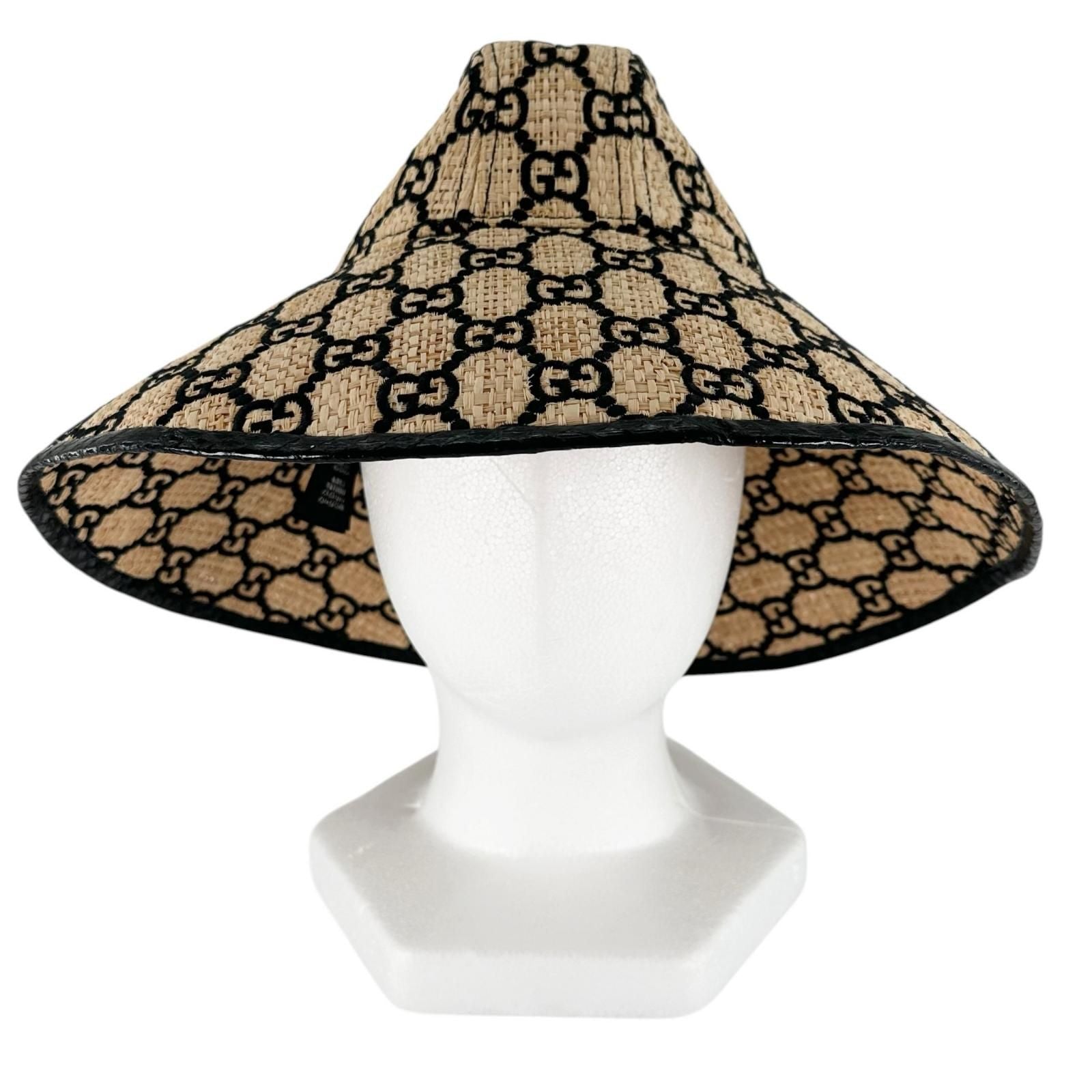 Gucci 100% Raffia GG Pattern Straw Hat Natural Black S 56 — view 2