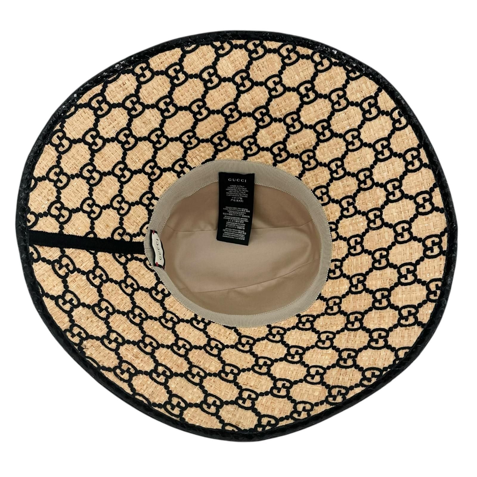 Gucci 100% Raffia GG Pattern Straw Hat Natural Black S 56 — view 6