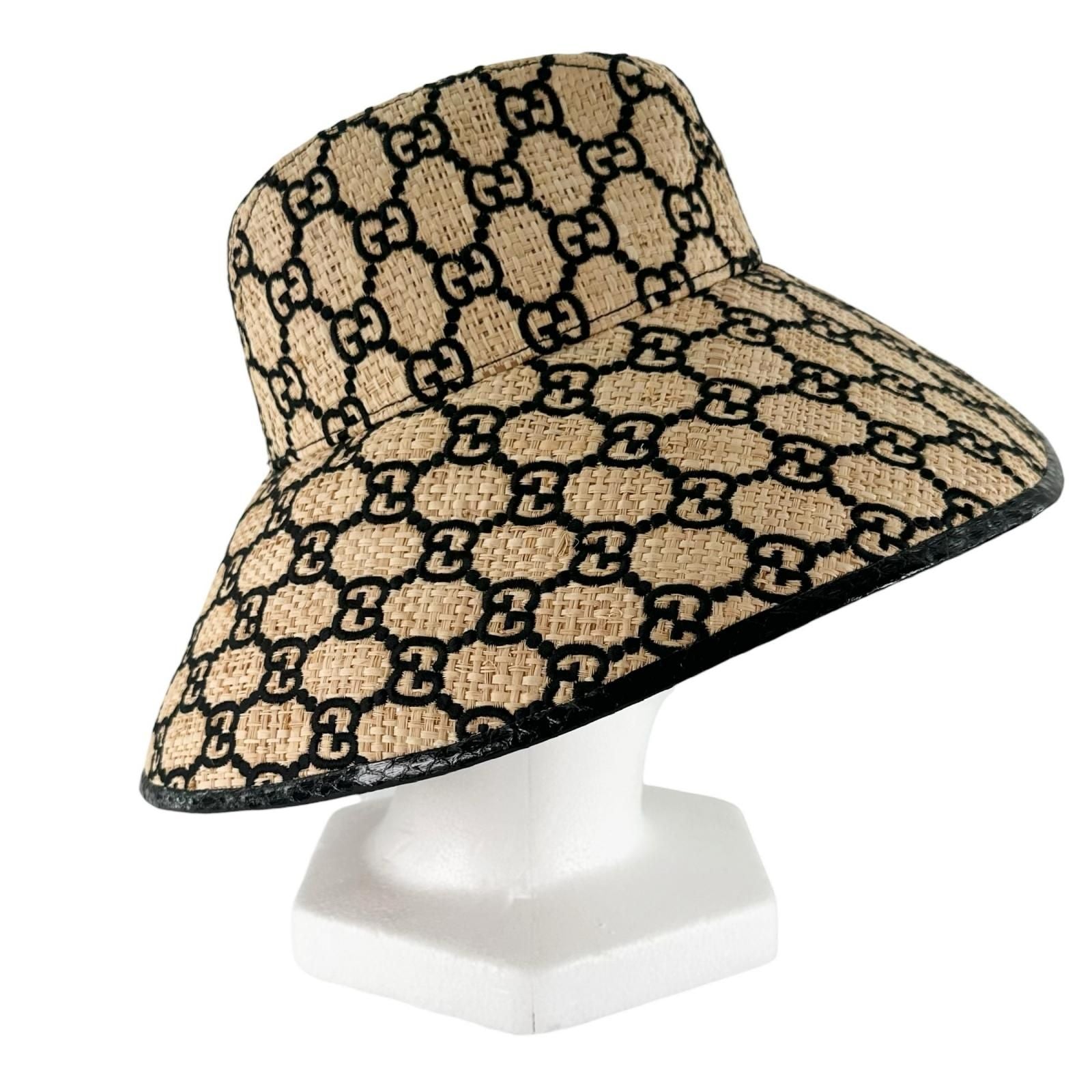 Gucci 100% Raffia GG Pattern Straw Hat Natural Black S 56 — view 5