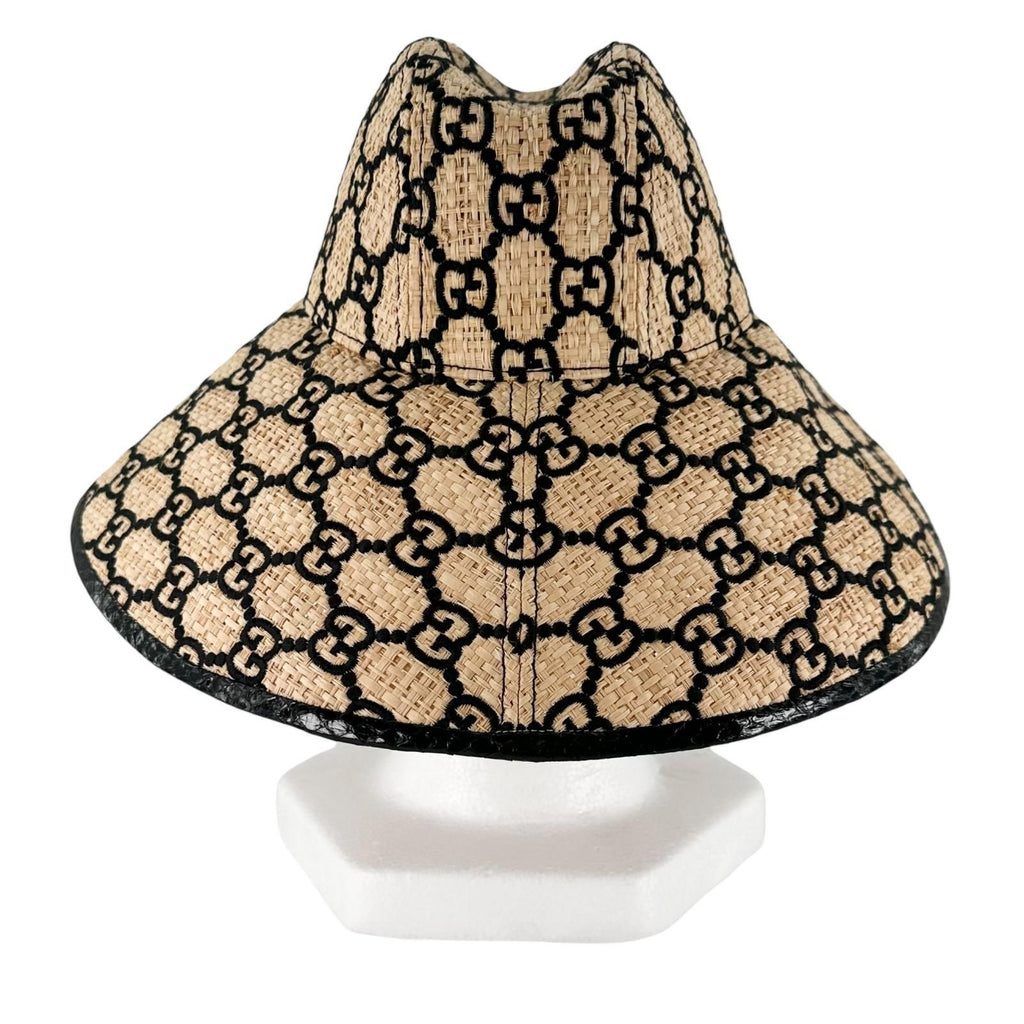 Gucci 100% Raffia GG Pattern Straw Hat Natural Black S 56 — view 4