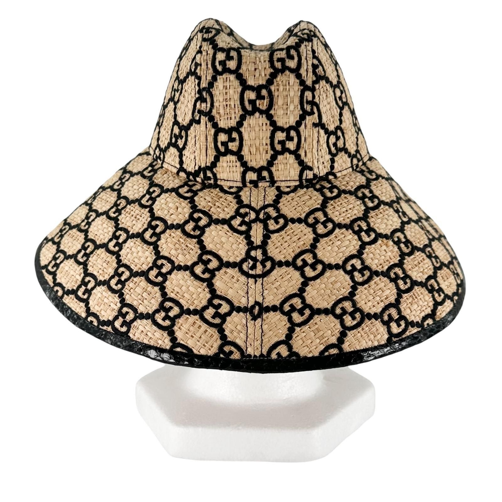 Gucci 100% Raffia GG Pattern Straw Hat Natural Black S 56 — view 4