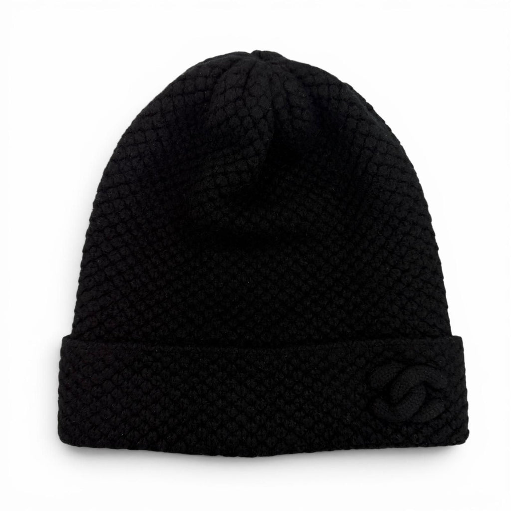 Chanel Cashmere CC Logo Embroidered Beanie Knit Cap Black