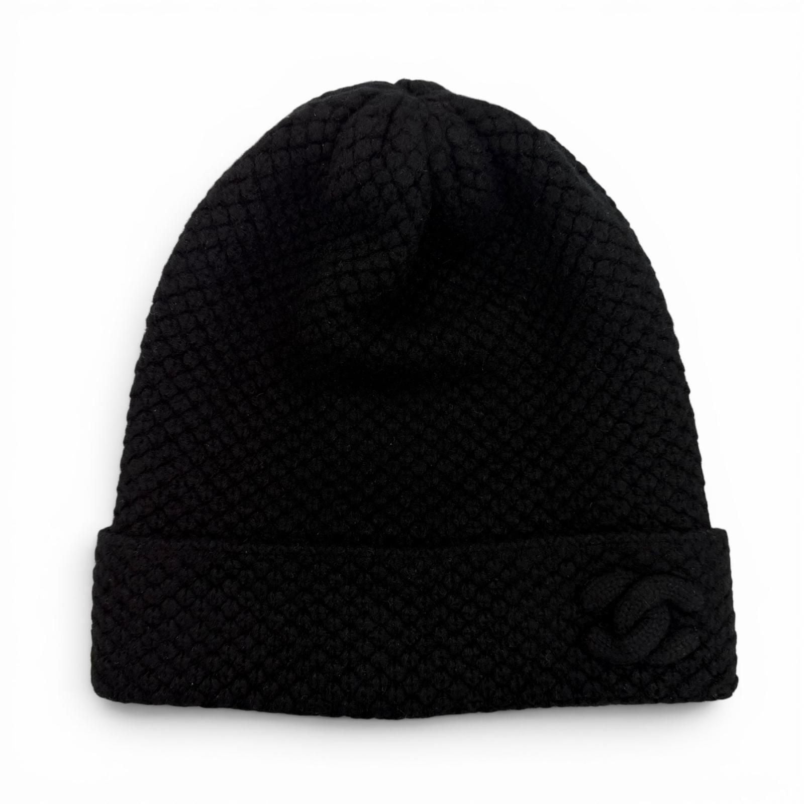 Chanel Cashmere CC Logo Embroidered Beanie Knit Cap Black