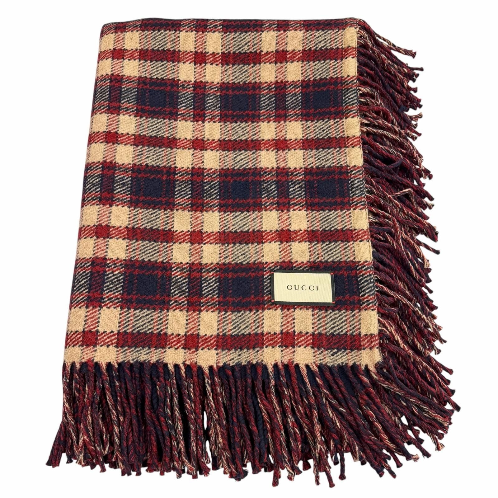 Gucci Wool GG Plaid Pattern with Fringe Reversible Scarf