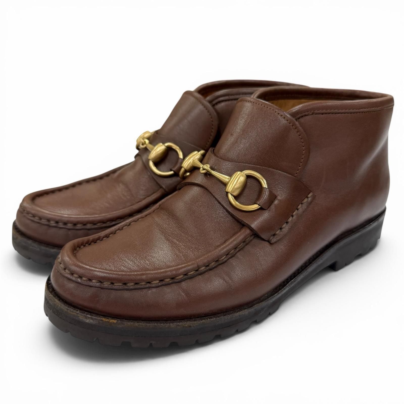 Gucci 104 Horsebit Leather Short Boots Brown Gold 5