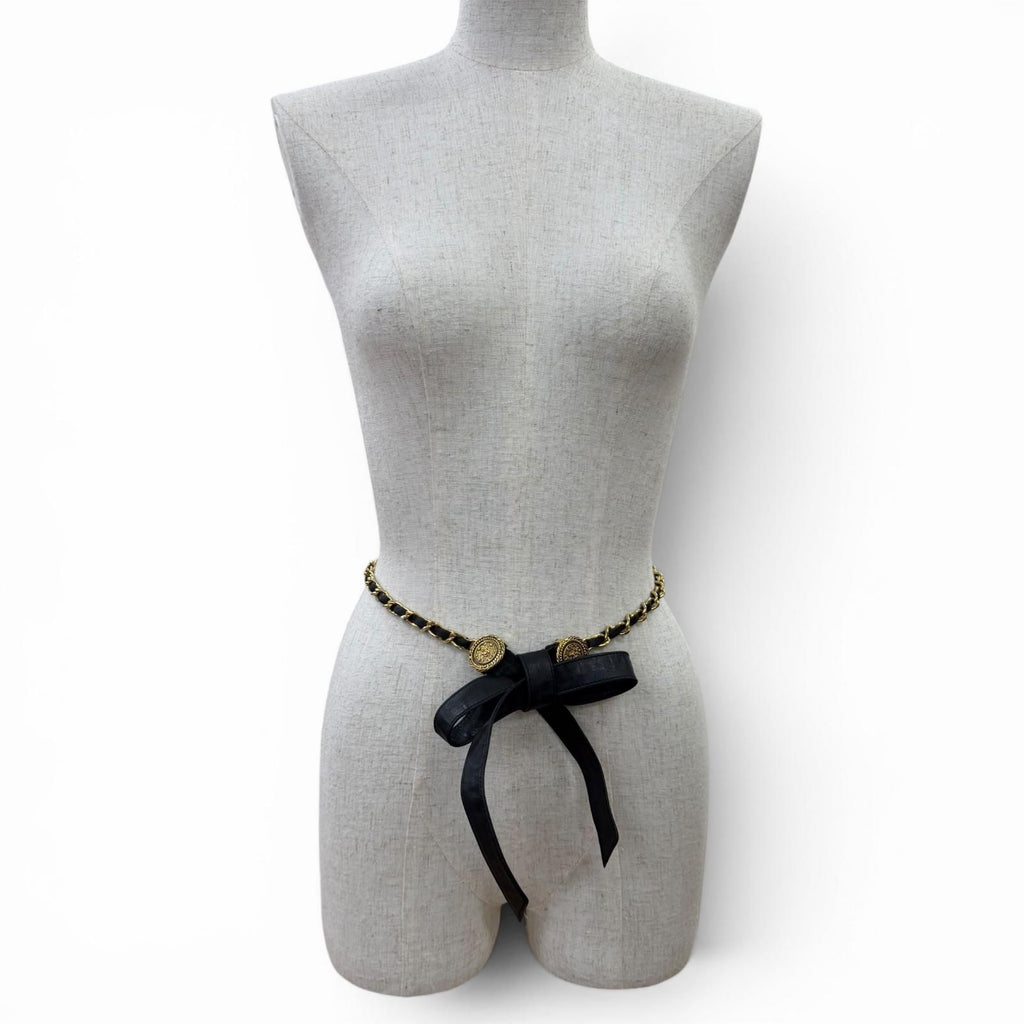 Chanel Vintage CC Logo Chain Leather Ribbon Belt Black Gold — view 6