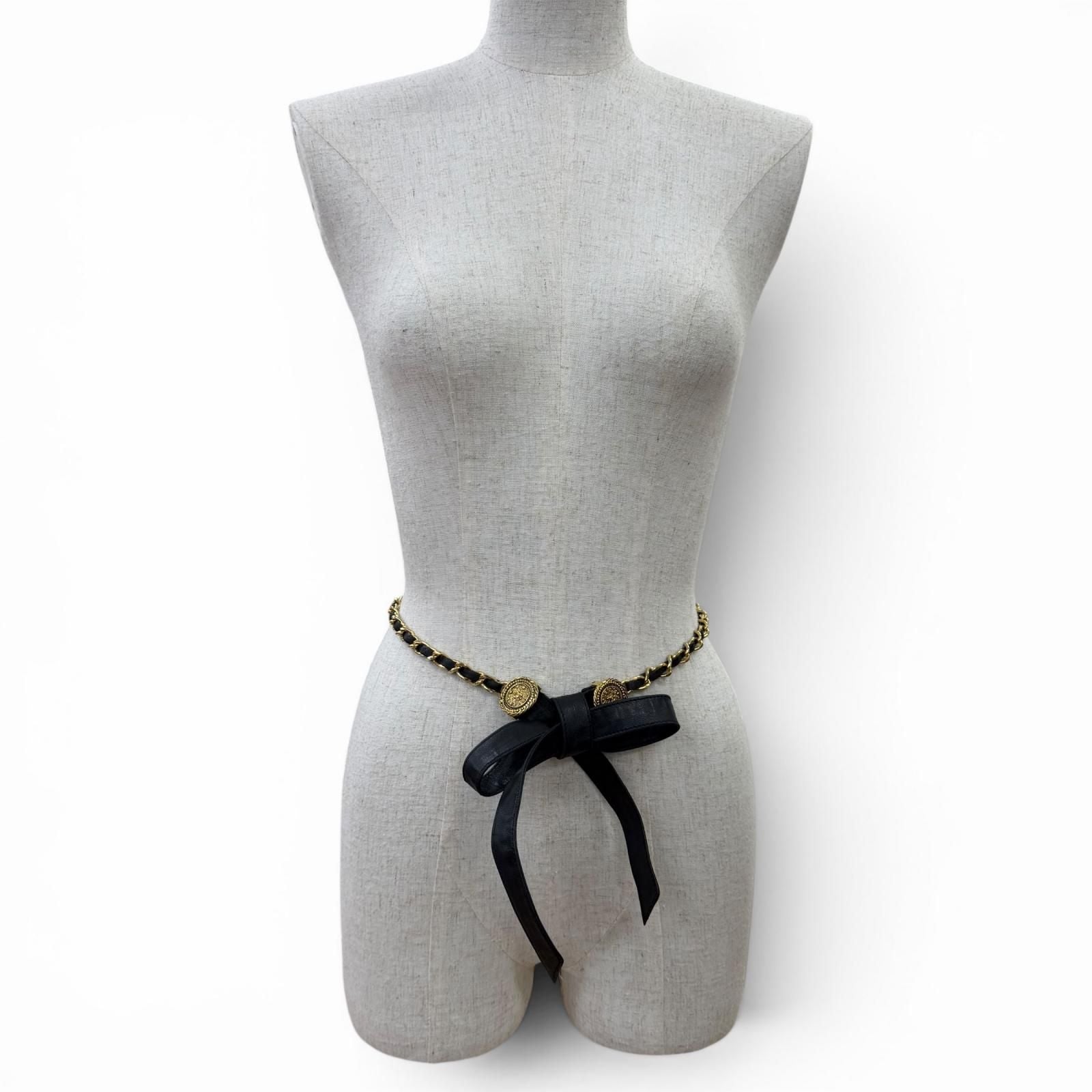 Chanel Vintage CC Logo Chain Leather Ribbon Belt Black Gold — view 6