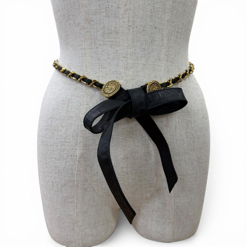 Chanel Vintage CC Logo Chain Leather Ribbon Belt Black Gold — view 5